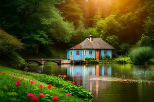 a small house sits on the edge of a lake. AI-Generated photo