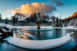 a fountain in the snow with mountains in the background. AI-Generated photo