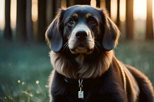 a dog sitting in the grass with a tree in the background. AI-Generated photo