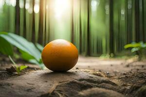 an orange ball sits on a dirt path in the forest. AI-Generated photo