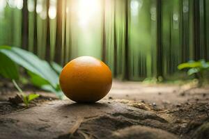 un naranja pelota se sienta en un suciedad camino en el bosque. generado por ai foto