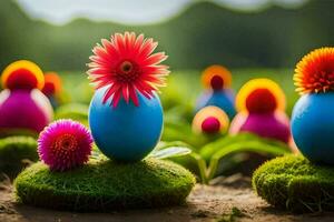 easter eggs with flowers in the grass. AI-Generated photo