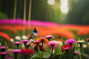 a bird perched on top of a flower field. AI-Generated photo