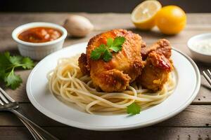 chicken wings with spaghetti and sauce on a white plate. AI-Generated photo