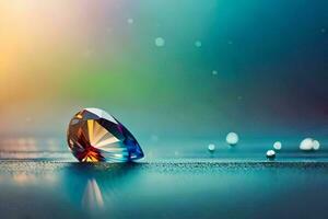 a diamond is sitting on the ground with water droplets. AI-Generated photo