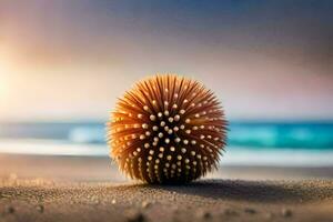 a spiky ball on the beach at sunset. AI-Generated photo