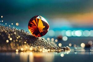 a diamond is sitting on the sand with bubbles. AI-Generated photo