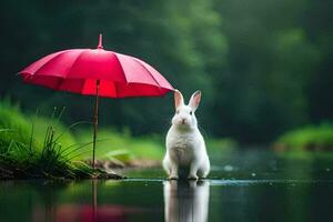 a white rabbit standing under an umbrella in the water. AI-Generated photo