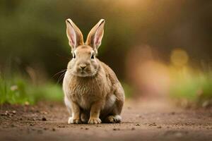 a rabbit sitting on the ground in the middle of a field. AI-Generated photo