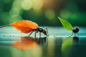 dos insectos son en pie siguiente a cada otro en un agua superficie. generado por ai foto