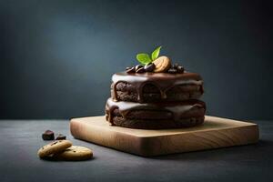 chocolate cake with almonds and mint on a wooden board. AI-Generated photo