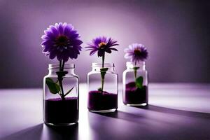 purple flowers in glass jars on a table. AI-Generated photo