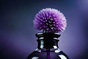 púrpura flor en un vaso botella en un oscuro antecedentes. generado por ai foto