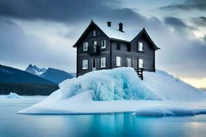 a house on an iceberg in the middle of a lake. AI-Generated photo