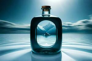 a bottle of liquor in the ocean with a mountain in the background. AI-Generated photo