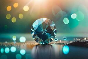 a diamond sitting on a table with bokeh lights. AI-Generated photo