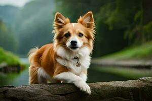 a dog standing on a log near a river. AI-Generated photo