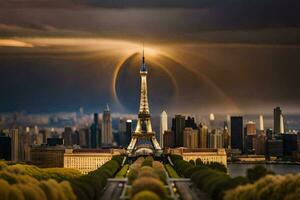 el eiffel torre es visto en el distancia con un tormenta en el cielo. generado por ai foto