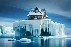 a house on an iceberg in the middle of the ocean. AI-Generated photo