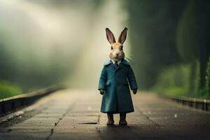 a rabbit wearing a blue coat and tie standing on a road. AI-Generated photo