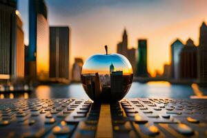 an apple sitting on a table with a city in the background. AI-Generated photo