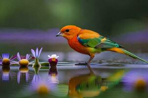 un vistoso pájaro en pie en el agua con flores generado por ai foto