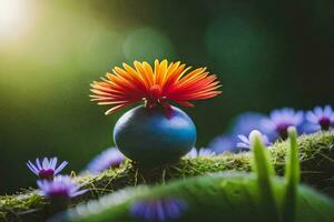 un azul pelota con un flor en parte superior de un verde planta. generado por ai foto