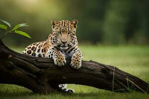 un jaguar es sentado en un árbol rama. generado por ai foto