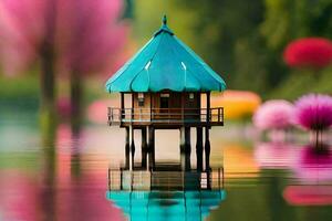 a miniature house sits on the water in front of flowers. AI-Generated photo