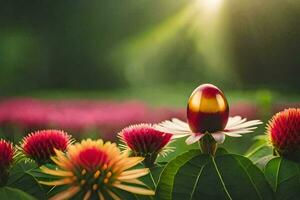 a golden egg sitting on top of a flower. AI-Generated photo