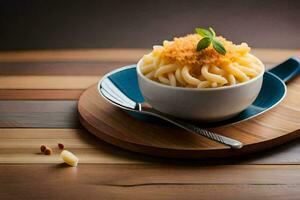 macaroni in a bowl with cheese on a wooden table. AI-Generated photo