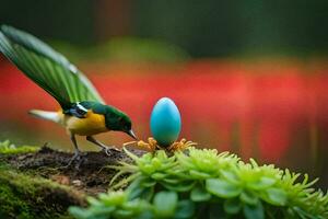 a bird is standing on top of a plant with a blue egg. AI-Generated photo
