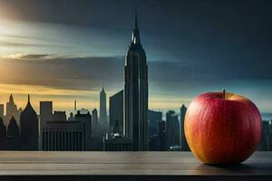 an apple sits on a table in front of a cityscape. AI-Generated photo