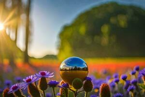 a reflection of a ball in a field of flowers. AI-Generated photo