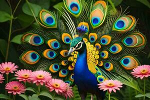 a peacock is standing in front of pink flowers. AI-Generated photo
