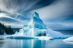 icebergs in the water with a house in the middle. AI-Generated photo