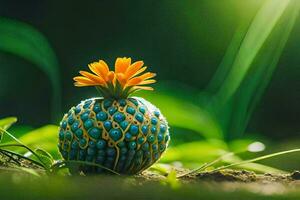 un azul y amarillo flor se sienta en parte superior de un azul y verde pelota. generado por ai foto