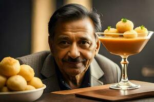 a man sitting in front of a glass with some food. AI-Generated photo
