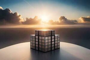 a cube with a sun in the background. AI-Generated photo
