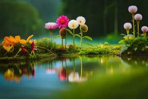 photo wallpaper the sky, flowers, water, grass, trees, forest, flowers, water,. AI-Generated