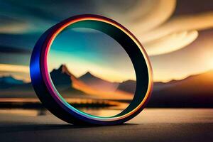 un anillo con un arco iris de colores antecedentes. generado por ai foto