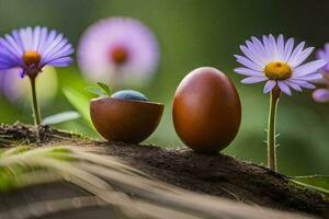 two eggs are placed on a branch with purple flowers. AI-Generated photo