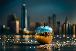 golden apple in front of cityscape with city lights. AI-Generated photo