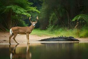 a deer stands next to a crocodile in the water. AI-Generated photo