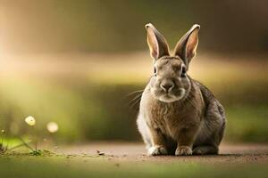 a rabbit sitting on the ground in front of the sun. AI-Generated photo