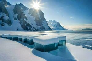 the sun shines on a frozen lake with ice blocks. AI-Generated photo