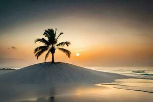 the palm tree on the beach at sunset. AI-Generated photo