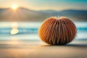 un mar estrella de mar se sienta en el playa a puesta de sol. generado por ai foto