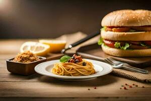 a plate of spaghetti and a burger on a table. AI-Generated photo