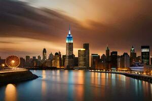 el Manhattan horizonte a noche. generado por ai foto